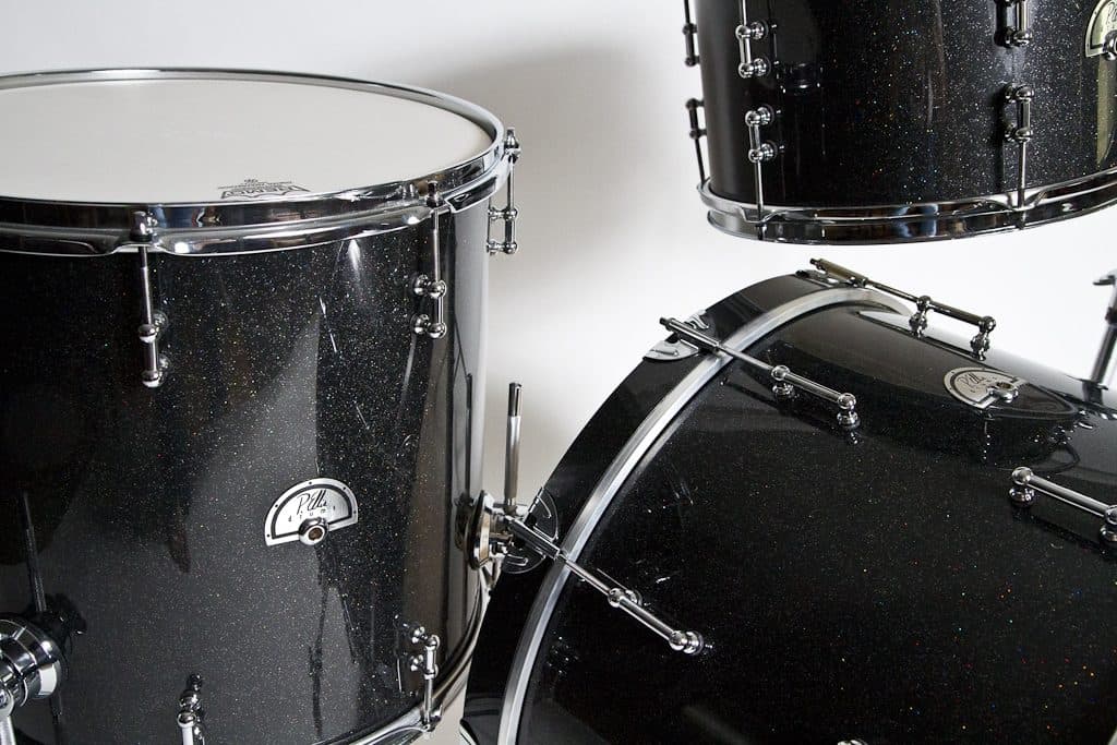 A custom black sparkle drum kit built by Philip Ellis