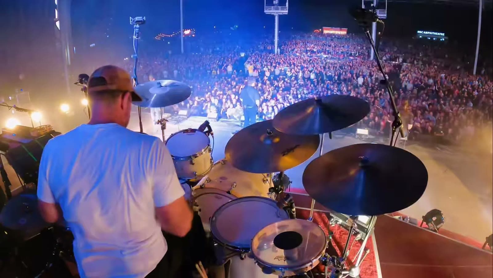 Zach Lind of Jimmy Eat World playing live, with a pandeiro mounted to the right of his floor tom